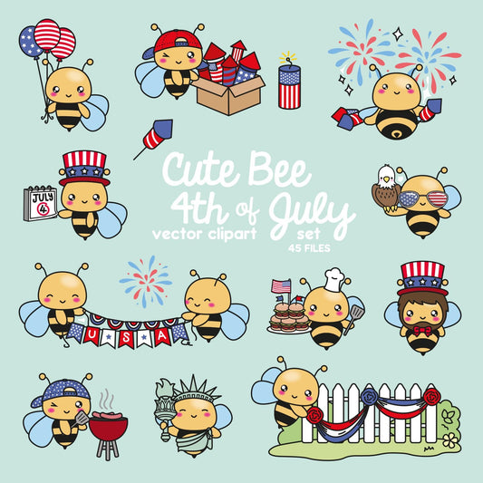 Premium Vector Clipart - Kawaii Bee - Cute Bee Clipart - 4th of July Penguins - Independence Day BBQ - Kawaii Clipart