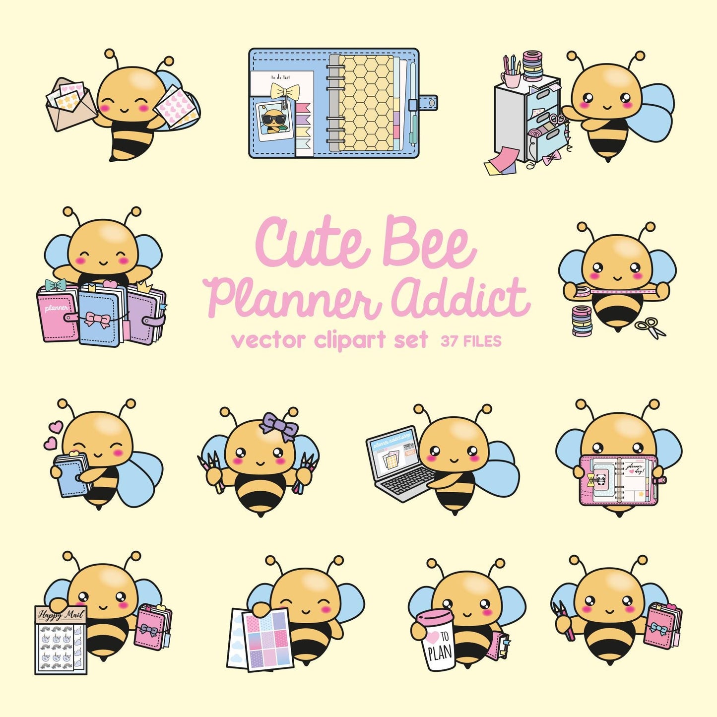 Premium Vector Clipart - Kawaii Bee - Cute Bee Planner Addict Clipart -Bees Loves Planning - Instant Download - Kawaii Clipart