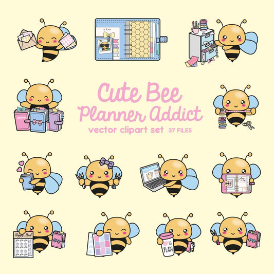 Premium Vector Clipart - Kawaii Bee - Cute Bee Planner Addict Clipart -Bees Loves Planning - Instant Download - Kawaii Clipart