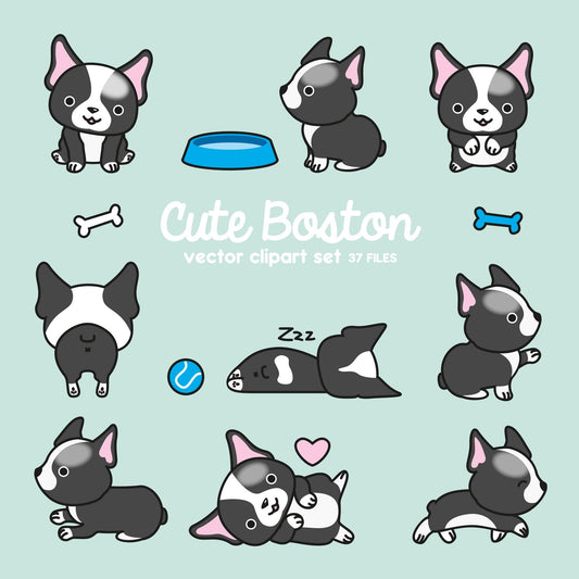 Premium Vector Clipart - Kawaii Boston Terriers - Cute Bostons Clipart Set - High Quality Vectors - Instant Download - Kawaii Clipart