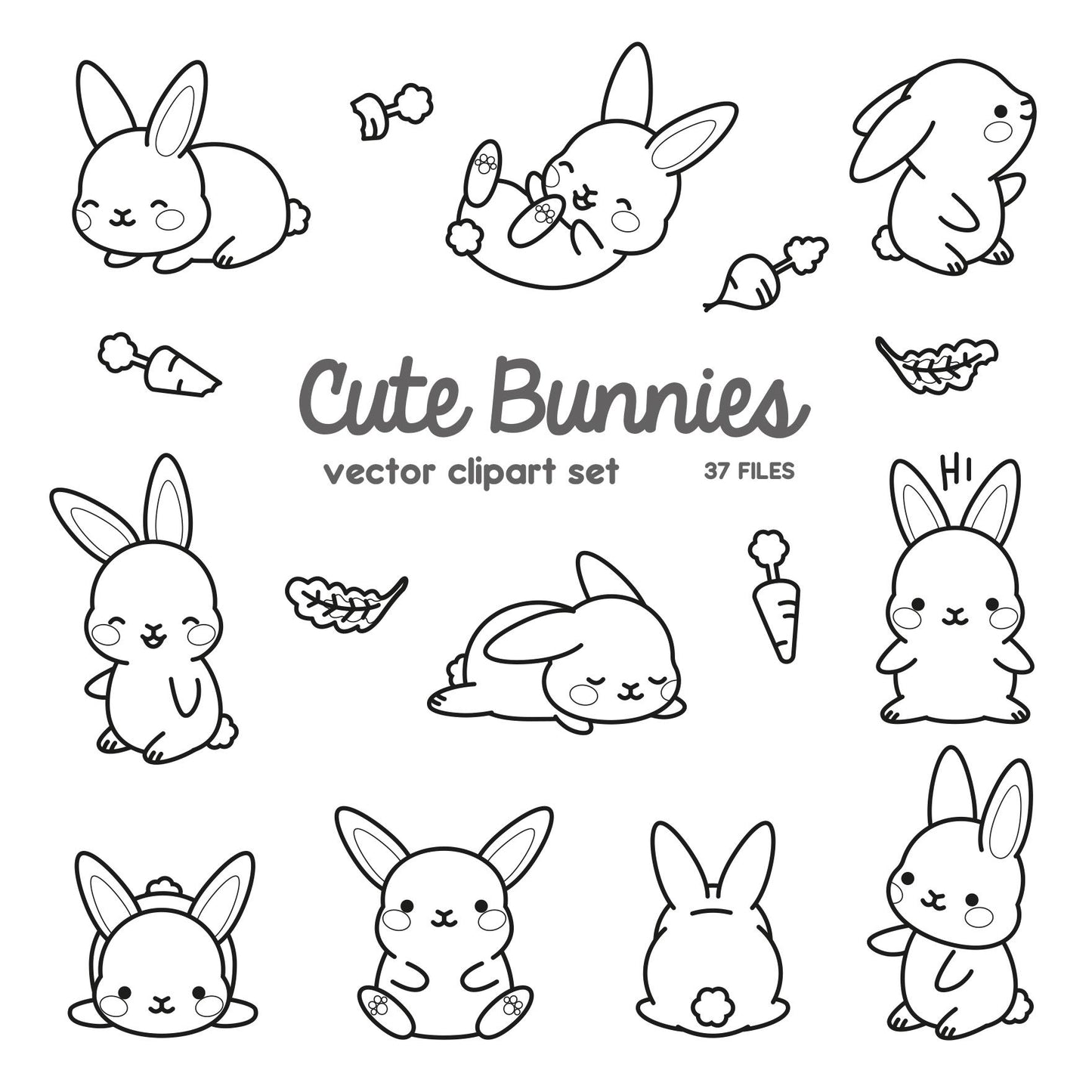 Premium Vector Clipart - Kawaii Bunny Outlines - Cute Bunny Outlines Clipart Set - High Quality Vectors - Instant Download - Kawaii Clipart