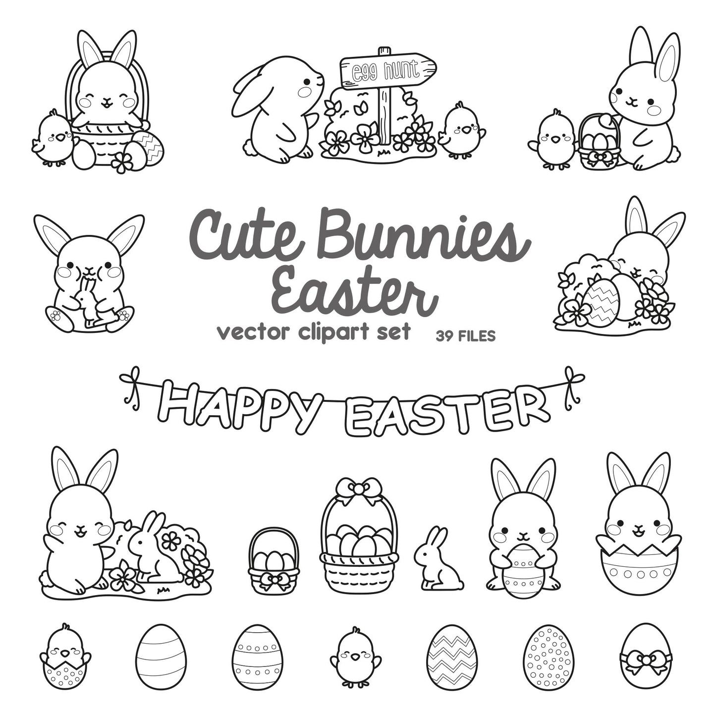 Premium Vector Clipart - Kawaii Easter Outlines - Black & White Easter Clipart - Easter Bunny - High Quality Vectors - Kawaii Easter Clipart