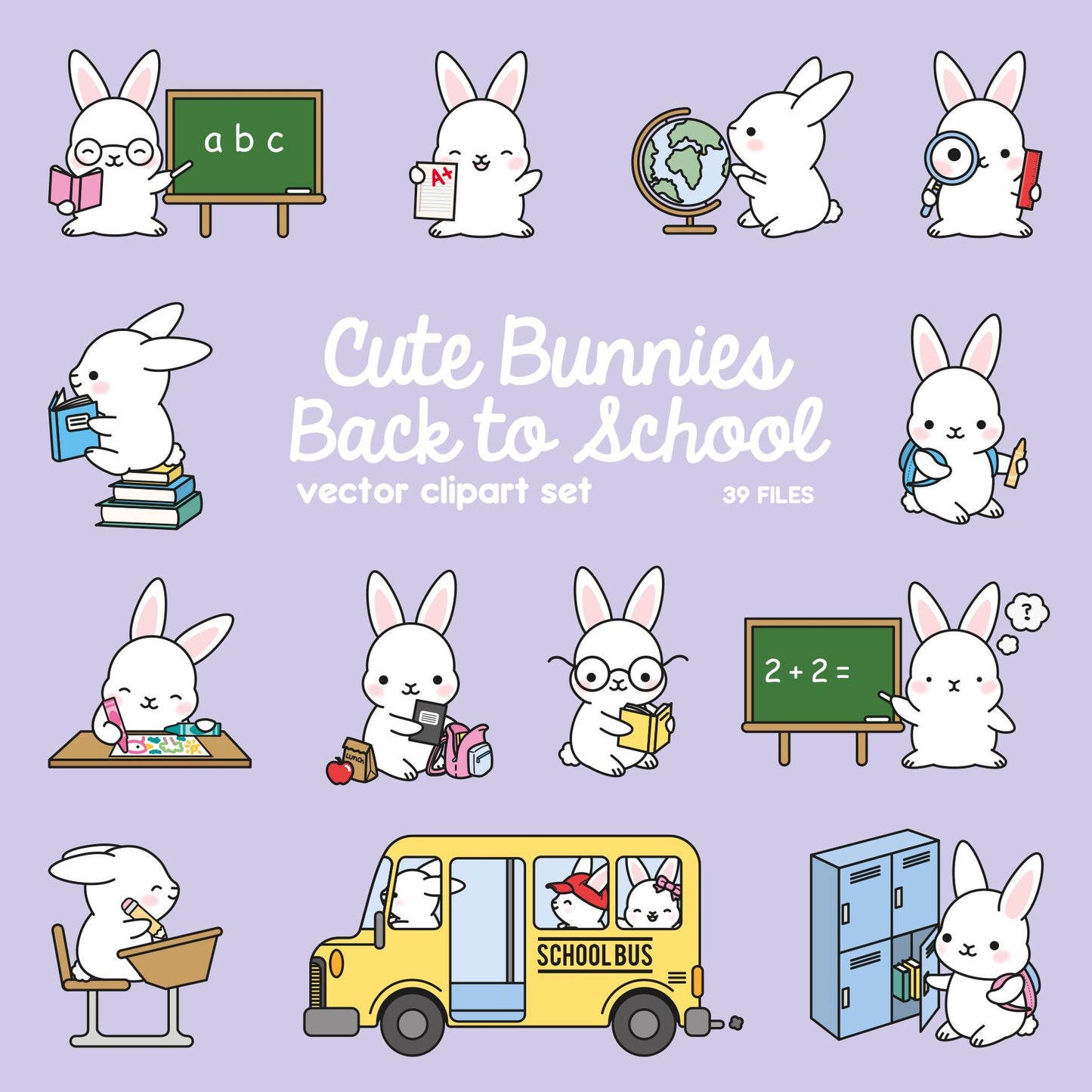 Premium Vector Clipart - Kawaii Bunny Back To School - Cute Bunnies Clipart Set - High Quality Vectors - Kawaii School Clipart