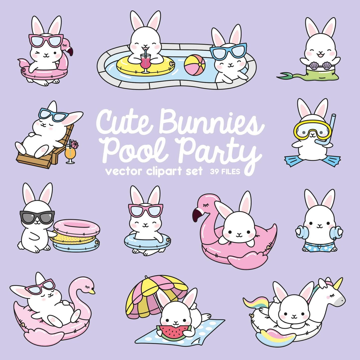 Premium Vector Clipart - Kawaii Bunny - Cute Bunny Pool Party Clipart - Pool Party - Instant Download - Kawaii Clipart