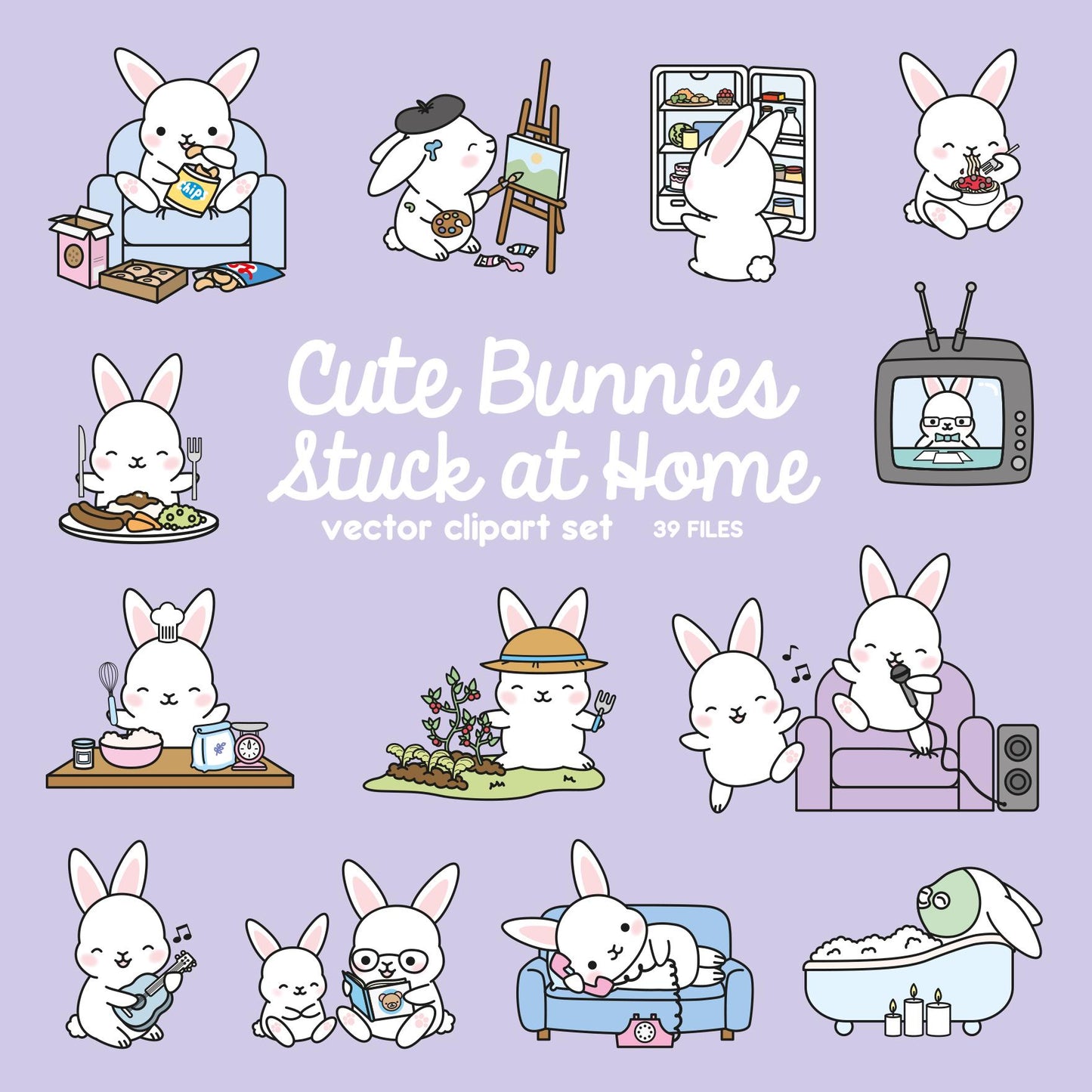 Premium Vector Clipart - Kawaii Bunny - Cute Bunny Locked Down at Home Clipart - Bunny Lockdown - Instant Download - Kawaii Clipart