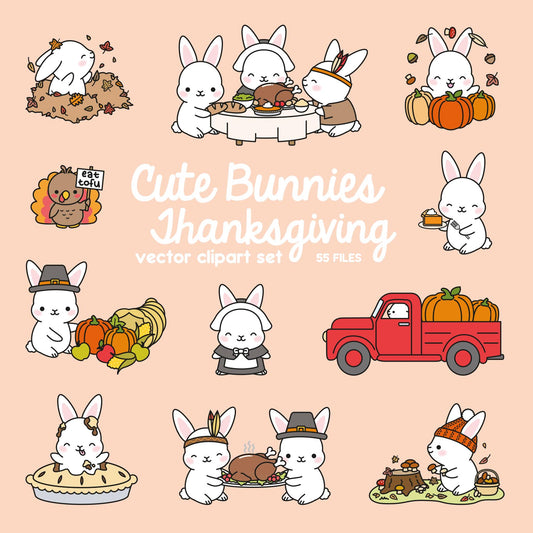 Premium Vector Clipart - Kawaii Thankgiving Bunny - Cute Thangiving Bunnies Clipart - High Quality Vectors - Kawaii Thanksgiving Clipart