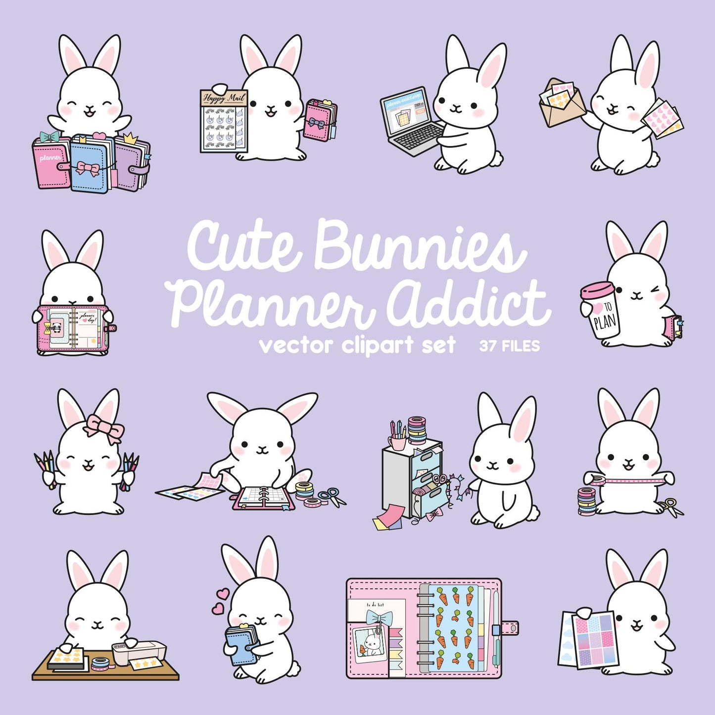 Premium Vector Clipart - Kawaii Bunny - Cute Bunnies Planner Addict Clipart - Bunny Loves Planning - Instant Download - Kawaii Clipart