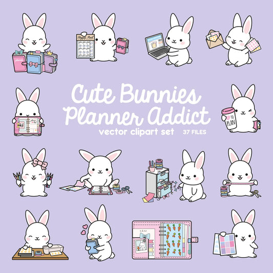 Premium Vector Clipart - Kawaii Bunny - Cute Bunnies Planner Addict Clipart - Bunny Loves Planning - Instant Download - Kawaii Clipart