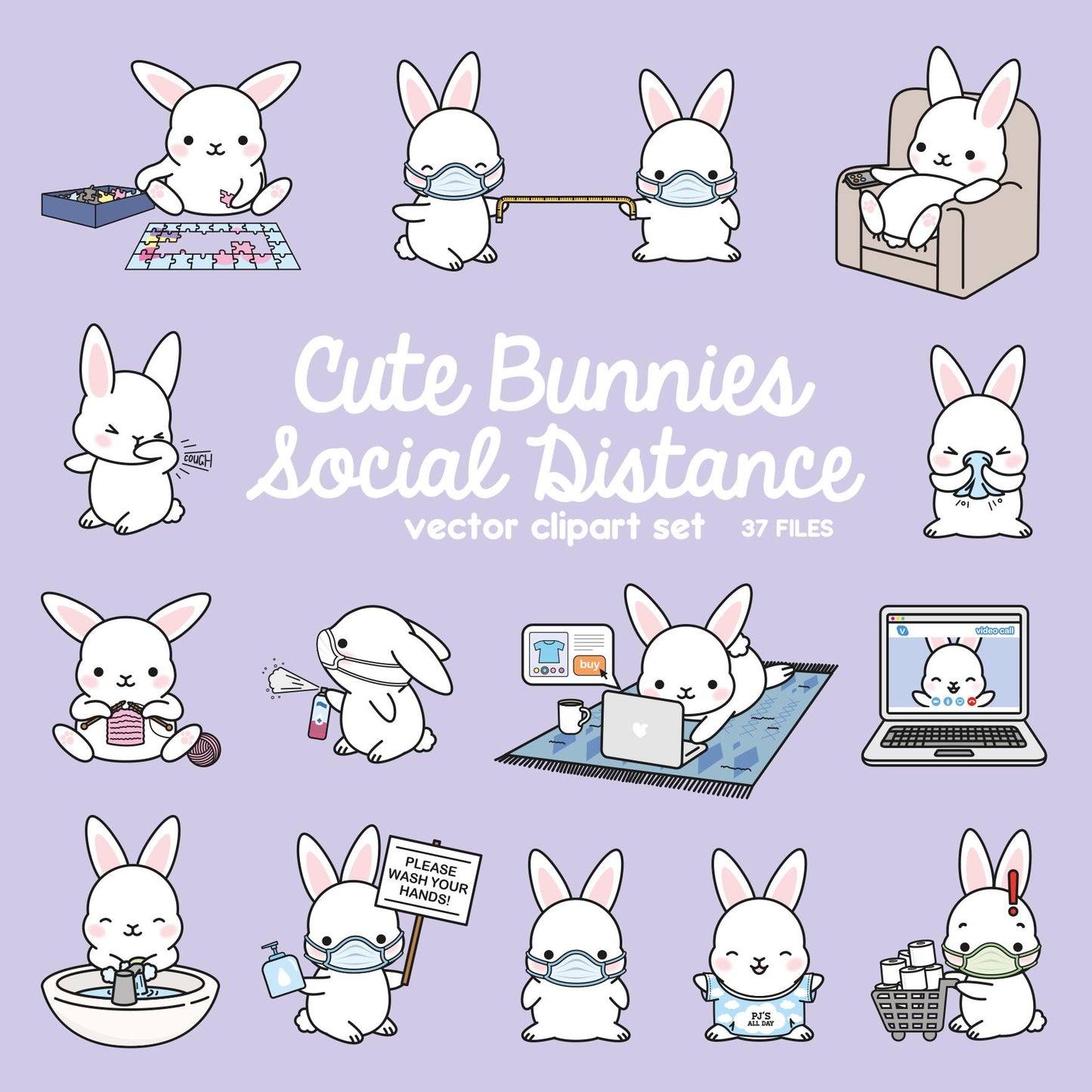 Premium Vector Clipart - Kawaii Bunny - Cute Bunny Social Distancing Clipart - Bunnies Lockdown - Instant Download - Kawaii Clipart