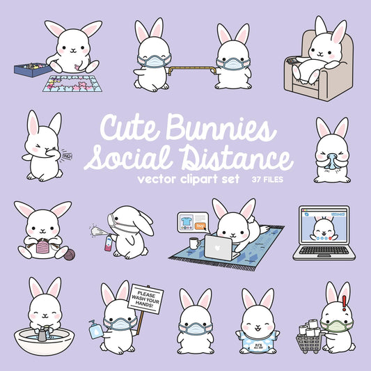 Premium Vector Clipart - Kawaii Bunny - Cute Bunny Social Distancing Clipart - Bunnies Lockdown - Instant Download - Kawaii Clipart