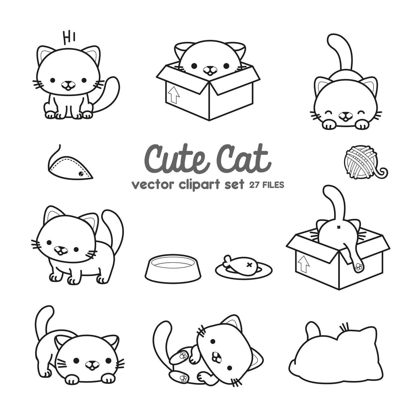 Premium Vector Clipart - Kawaii Cat Outlines - Cute Cat Outlines Clipart Set - High Quality Vectors - Instant Download - Kawaii Clipart