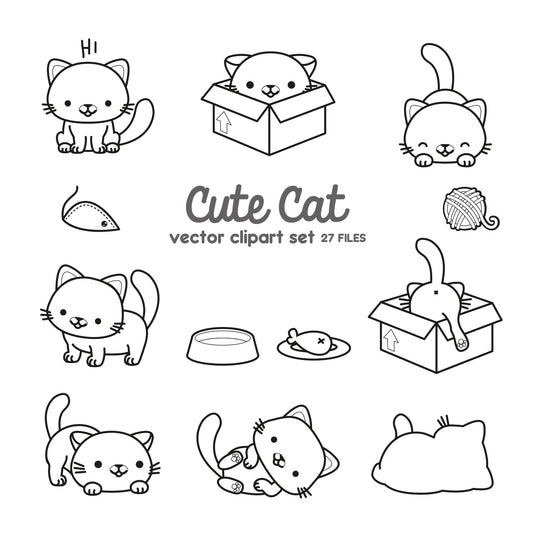 Premium Vector Clipart - Kawaii Cat Outlines - Cute Cat Outlines Clipart Set - High Quality Vectors - Instant Download - Kawaii Clipart