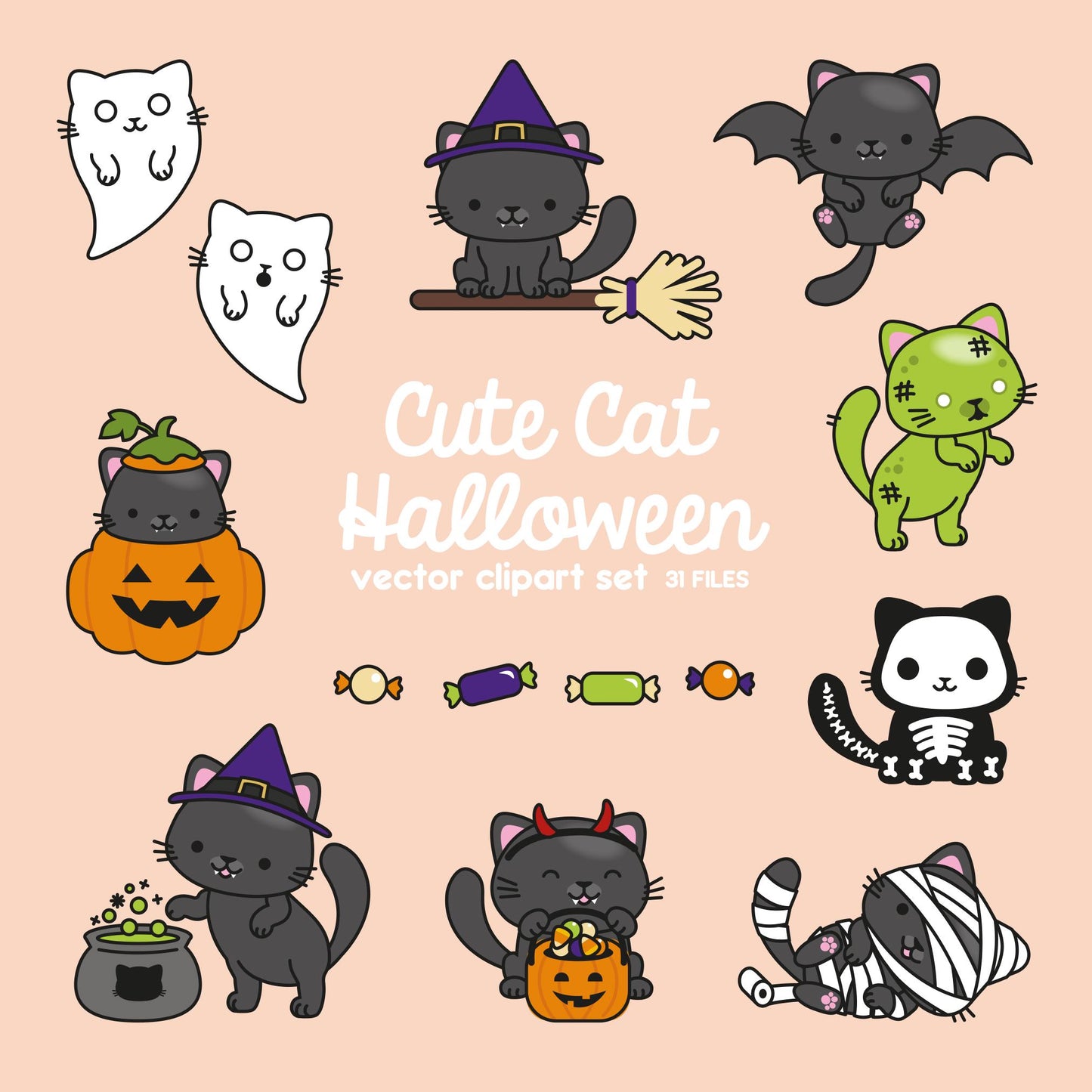 Premium Vector Clipart - Kawaii Halloween Cats - Cute Halloween Cats Clipart Set - High Quality Vectors - Kawaii Clipart