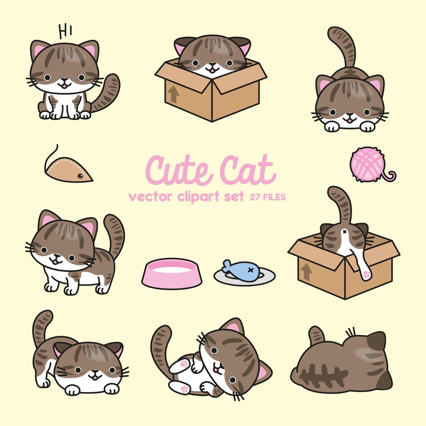 Premium Vector Clipart - Kawaii Cats - Cute Cats Clipart Set - Brown Cat - High Quality Vectors - Instant Download - Kawaii Clipart