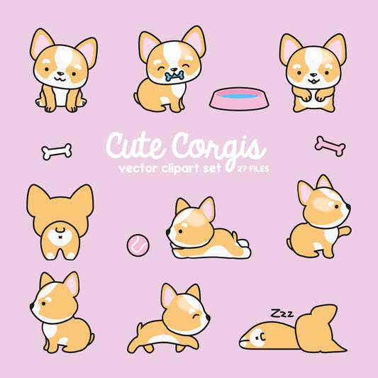 Premium Vector Clipart - Kawaii Corgis - Cute Corgi Clipart Set - High Quality Vectors - Instant Download - Kawaii Clipart