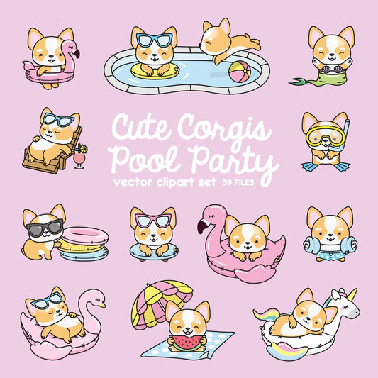 Premium Vector Clipart - Kawaii Corgi - Cute Corgi Pool Party Clipart - Pool Party - Instant Download - Kawaii Clipart