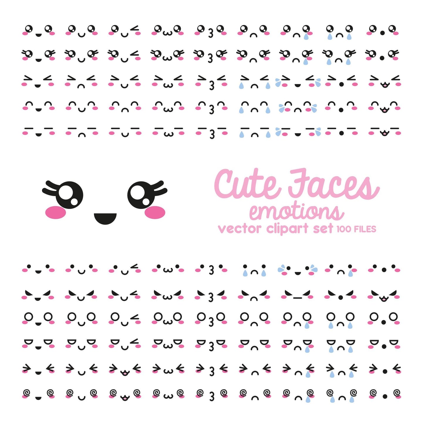 Premium Vector Clipart - Kawaii Faces - Cute Faces Clipart Set - High Quality Vectors - Instant Download - Kawaii Clipart