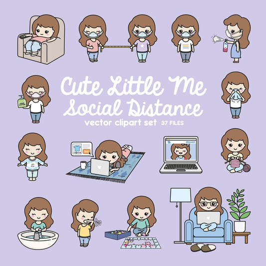 Premium Vector Clipart - Kawaii Girl - Cute Little Me Social Distancing Clipart - Cute Girl Lockdown - Instant Download - Kawaii Clipart