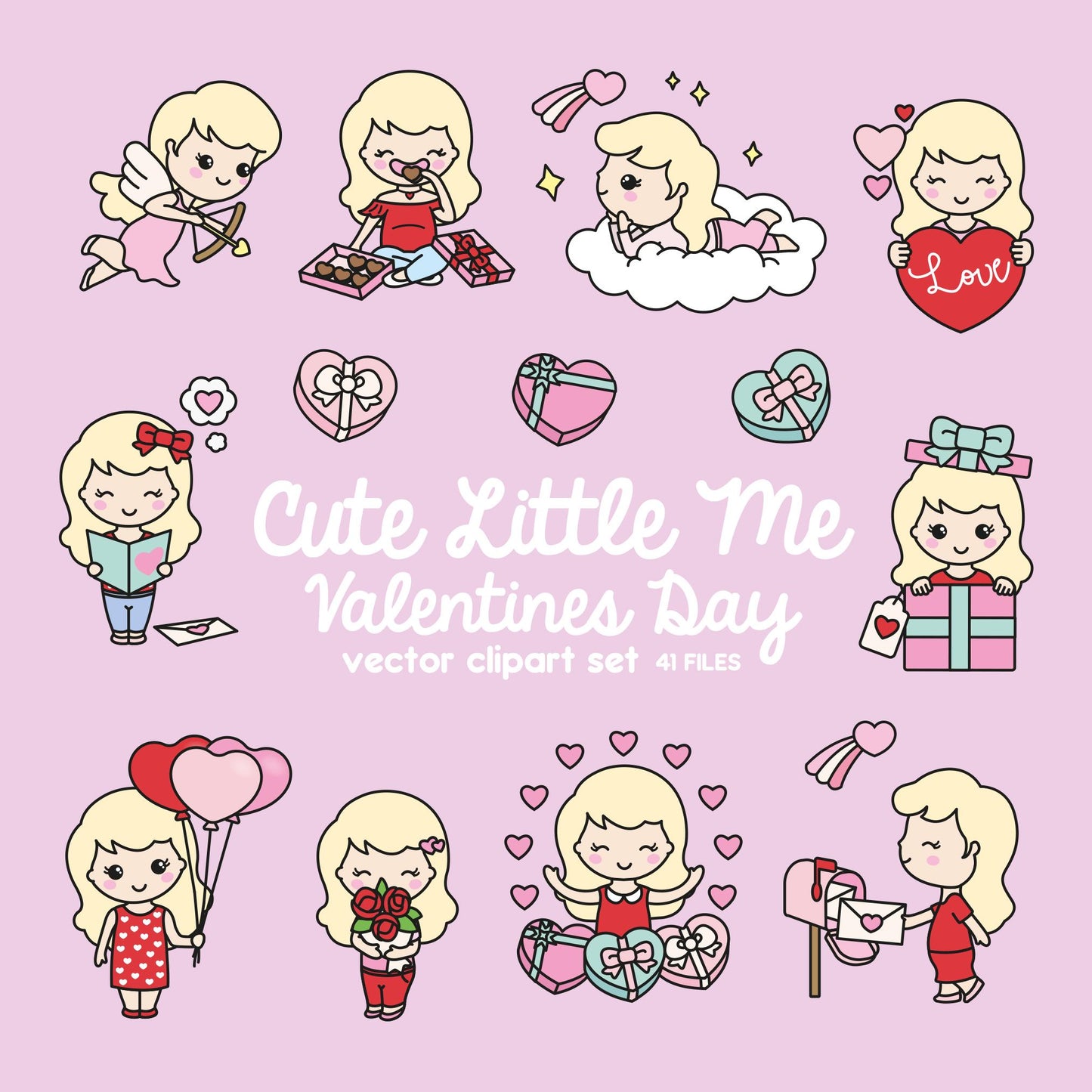 Premium Vector Clipart - Kawaii Valentines Day Cute Me - Valentines Day Girl Clipart Set - Cute Valentines Day Clipart - Blonde Hair