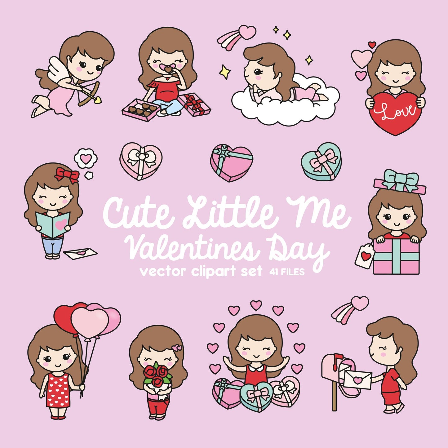 Premium Vector Clipart - Kawaii Valentines Day Cute Me - Valentines Day Girl Clipart Set - Cute Valentines Day Clipart - Brown Hair