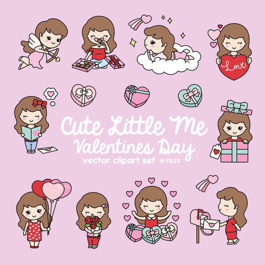 Premium Vector Clipart - Kawaii Valentines Day Cute Me - Valentines Day Girl Clipart Set - Cute Valentines Day Clipart - Brown Hair