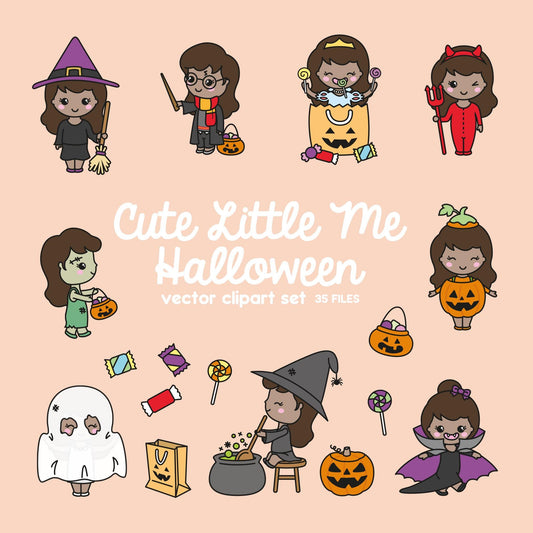 Premium Vector Clipart - Kawaii Halloween Girl - Cute Me Halloween Clipart Set - High Quality Vectors - Kawaii Halloween Clipart