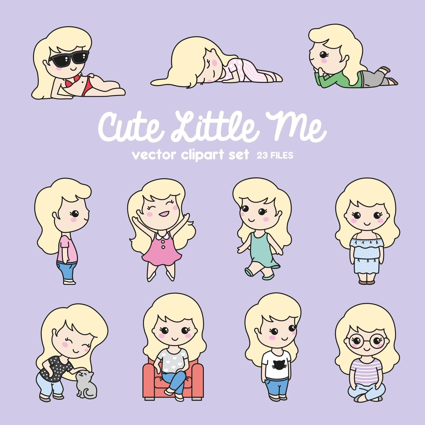 Premium Vector Clipart - Cute Me - Kawaii Girls - Cute Girls Clipart Set - High Quality Vectors - Blonde Hair - Kawaii Clipart