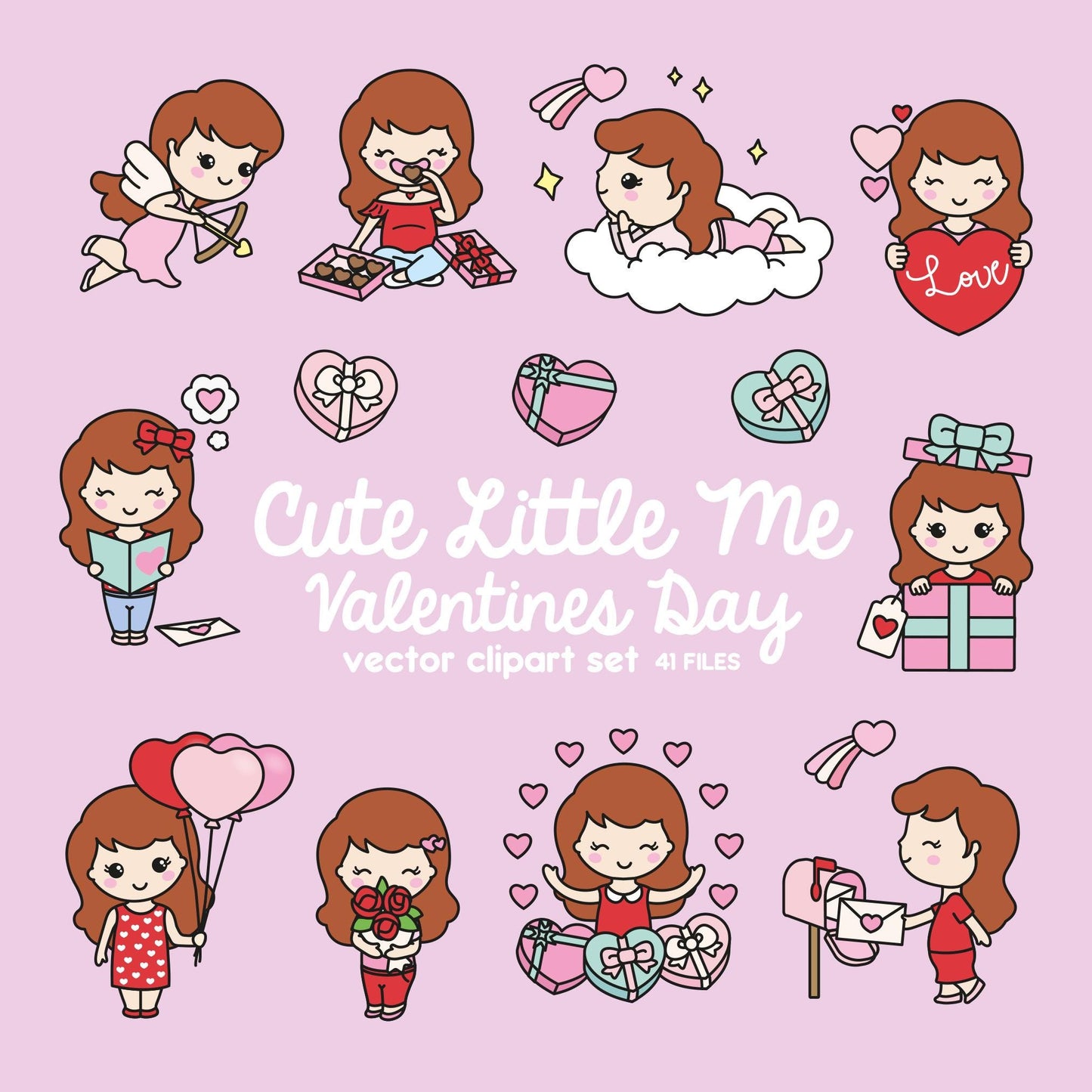 Premium Vector Clipart - Kawaii Valentines Day Cute Me - Valentines Day Girl Clipart Set - Cute Valentines Day Clipart - Red Hair