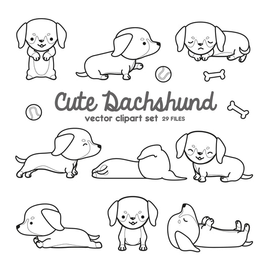 Premium Vector Clipart - Kawaii Dachshund - Dachshund Clipart Set - High Quality Vectors  - Kawaii Sausage Dog - Outlines - Black and White