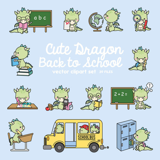 Premium Vector Clipart - Kawaii Dragons Back To School - Cute Dragons Clipart Set - High Quality Vectors - Kawaii School Clipart