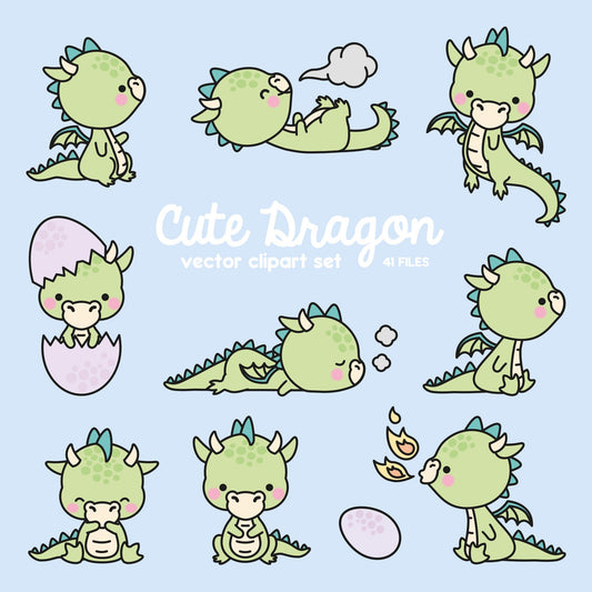 Premium Vector Clipart - Kawaii Dragon - Cute Baby Dragons Clipart Set - High Quality Vectors - Instant Download - Kawaii Clipart