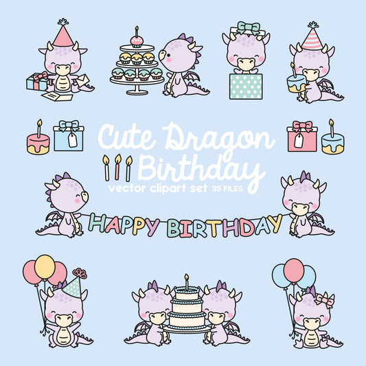 Premium Vector Clipart - Kawaii Purple Birthday Dragons - Cute Birthday Dragons Clipart Set - High Quality Vectors - Kawaii Clipart