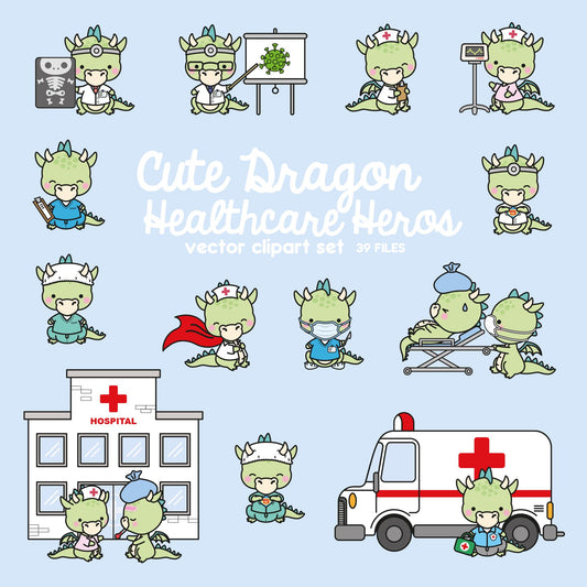 Premium Vector Clipart - Kawaii Dragon - Cute Dragon Healthcare Heros Clipart - Dragon Doctors - Instant Download - Kawaii Clipart