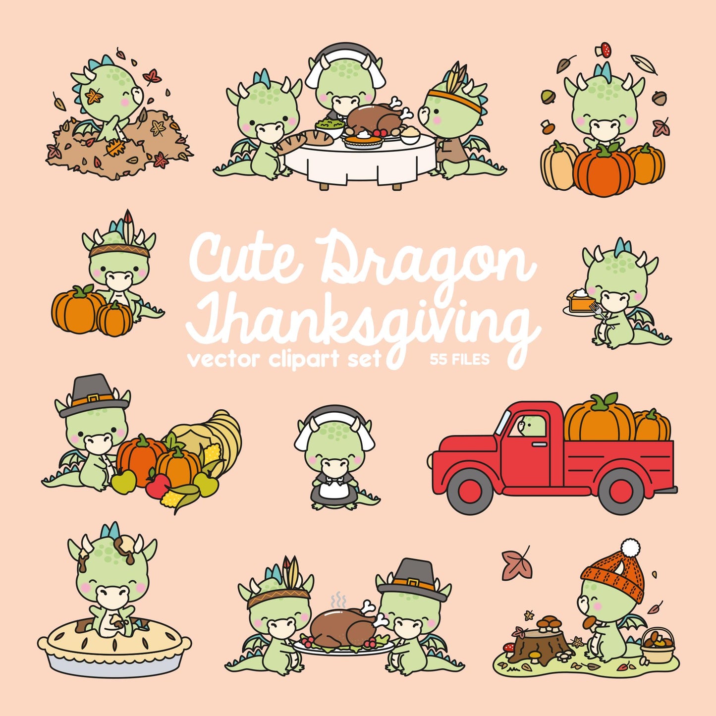 Premium Vector Clipart - Kawaii Thankgiving Dragons - Cute Thangiving Dragons Clipart - High Quality Vectors - Kawaii Thanksgiving Clipart