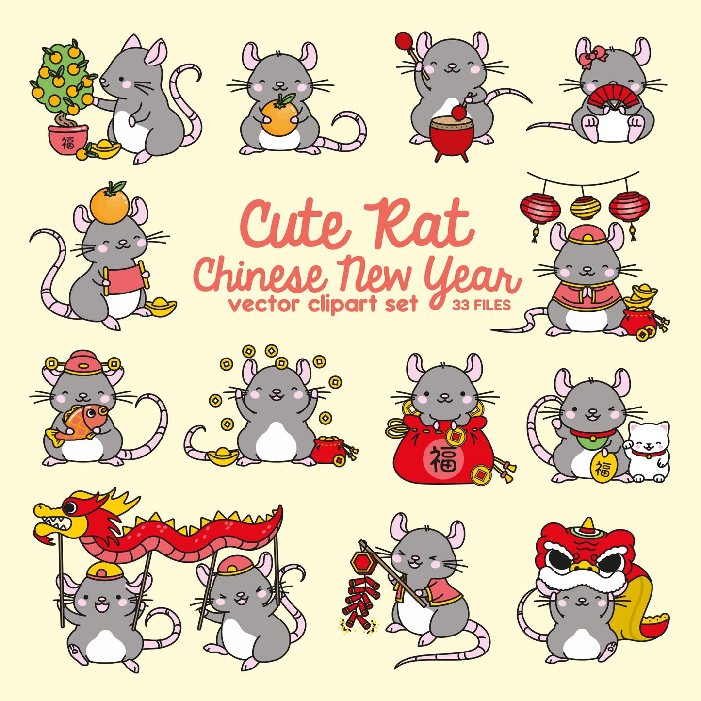 Premium Vector Clipart - Kawaii Chinese New Year - Cute Year of the Rat - 2020 - Kawaii Rat - Instant Download - Kawaii Clipart