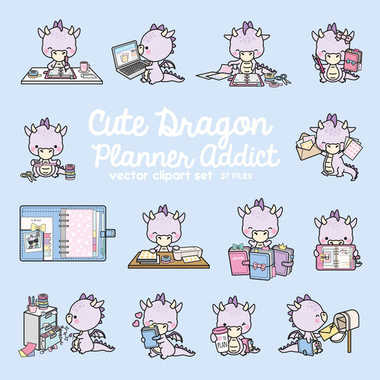 Premium Vector Clipart - Kawaii Dragon - Purple Dragons Planner Addict Clipart - Dragon Loves Planning - Instant Download - Kawaii Clipart