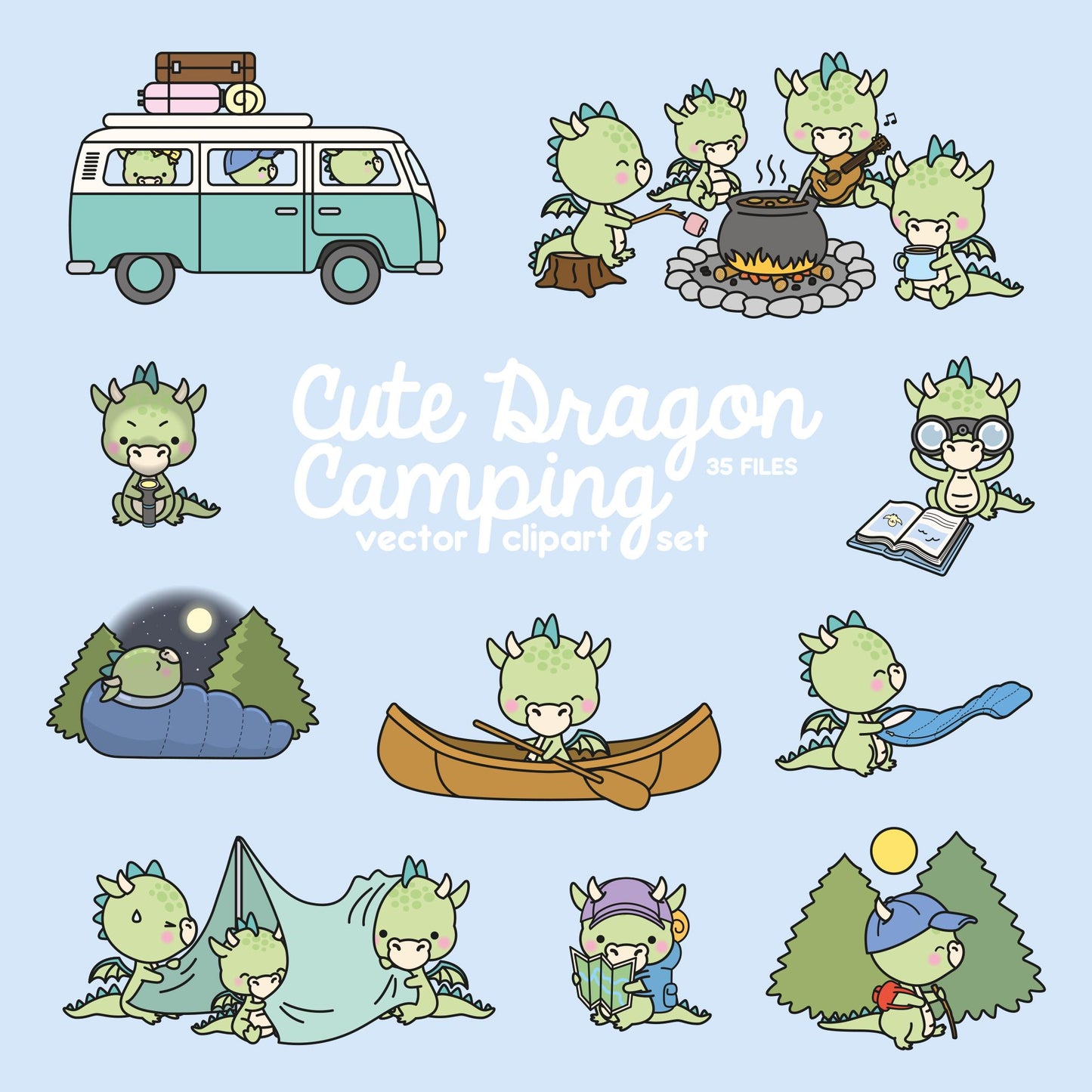 Premium Vector Clipart - Kawaii Dragons - Cute Dragon Camping Clipart Set - Instant Download - Kawaii Clipart