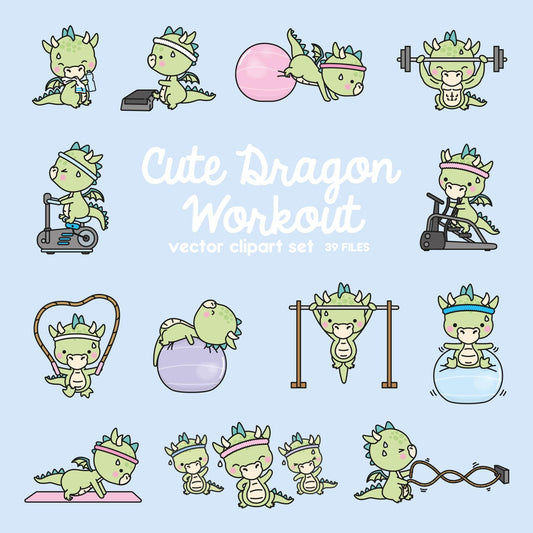 Premium Vector Clipart - Kawaii Workout Dragons - Cute Workout Dragons Clipart Set - High Quality Vectors - Kawaii Workout Clipart