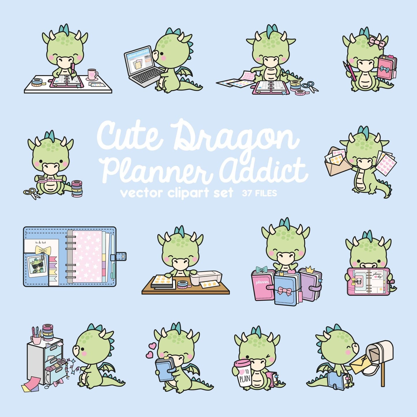 Premium Vector Clipart - Kawaii Dragon - Cute Dragons Planner Addict Clipart - Dragon Loves Planning - Instant Download - Kawaii Clipart