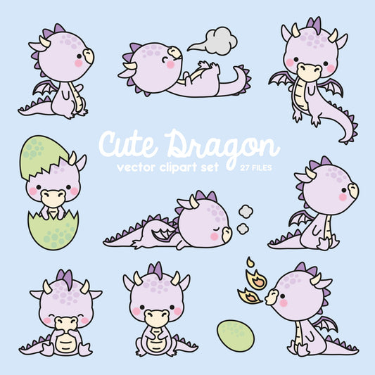 Premium Vector Clipart - Kawaii Dragon - Purple - Cute Baby Dragons Clipart Set - High Quality Vectors - Instant Download - Kawaii Clipart