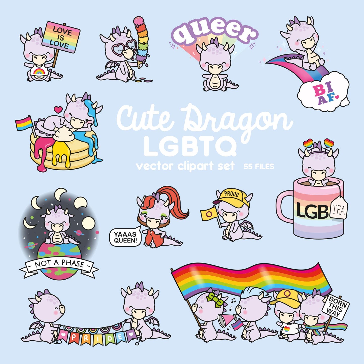 Premium Vector Clipart - Kawaii LGBTQ Pride Purple Dragon - Cute Dragon Queer Pride Clipart - Instant Download - Kawaii Clipart