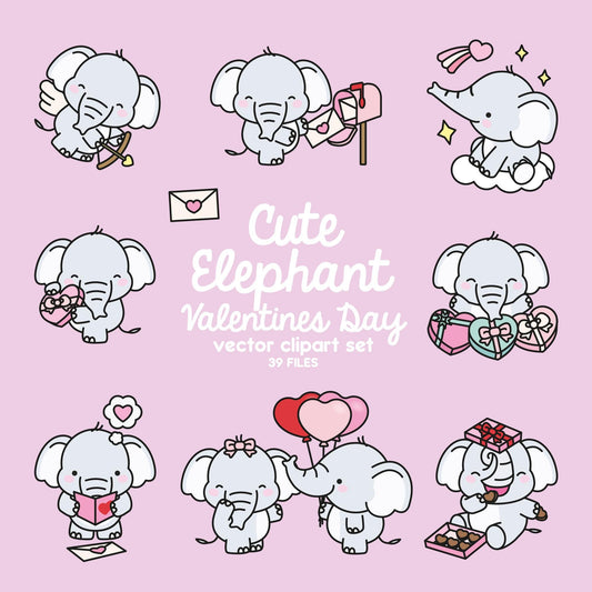 Premium Vector Clipart - Kawaii Valentines Elephants - Valentines Day Elephant Clipart Set - High Quality Vectors - Valentines Day Clipart