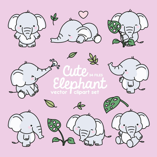 Premium Vector Clipart - Kawaii Elephant - Cute Elephant Clipart Set - High Quality Vectors - Instant Download - Kawaii Clipart