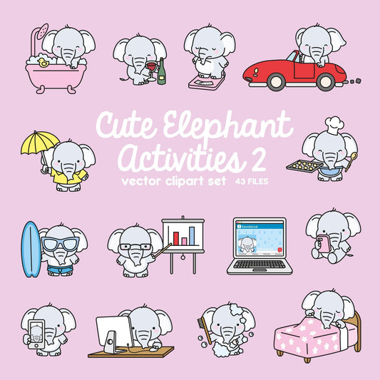 Premium Vector Clipart - Kawaii Elephant - Cute Elephant Planning Clipart - Even More Elephants - Instant Download - Kawaii Clipart