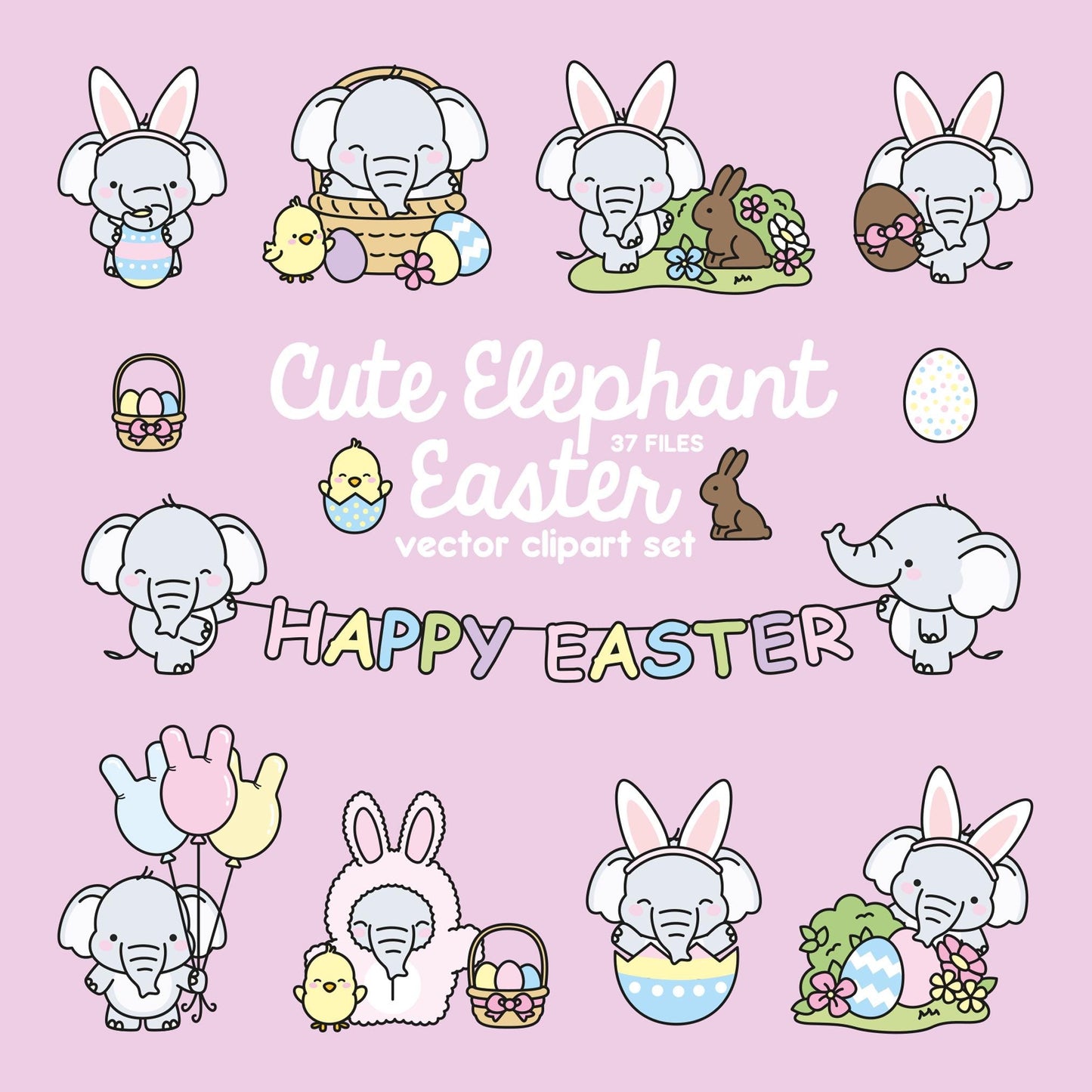 Premium Vector Clipart - Kawaii Easter Elephants - Cute Easter Elephants Clipart Set - High Quality Vectors - Kawaii Easter Clipart