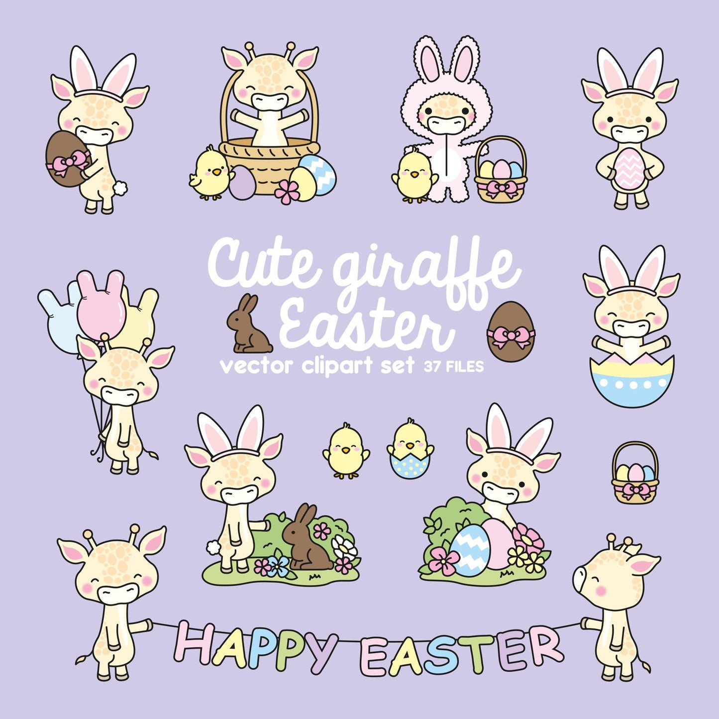 Premium Vector Clipart - Kawaii Easter Giraffes - Cute Easter Giraffes Clipart Set - High Quality Vectors - Kawaii Easter Clipart