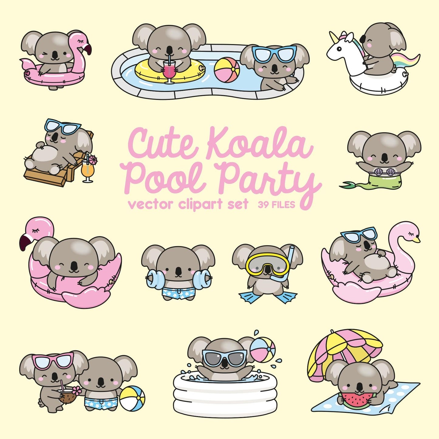 Premium Vector Clipart - Kawaii Koala - Cute Koala Pool Party Clipart - Pool Party - Instant Download - Kawaii Clipart