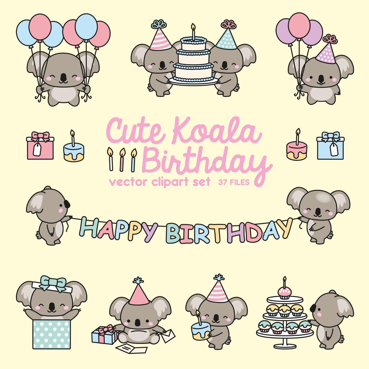 Premium Vector Clipart - Kawaii Birthday Koalas - Cute Birthday Koalas Clipart Set - High Quality Vectors - Kawaii Christmas Clipart