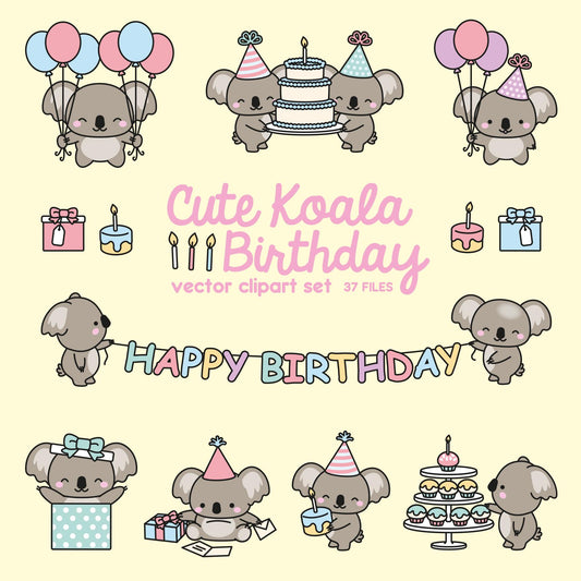 Premium Vector Clipart - Kawaii Birthday Koalas - Cute Birthday Koalas Clipart Set - High Quality Vectors - Kawaii Christmas Clipart