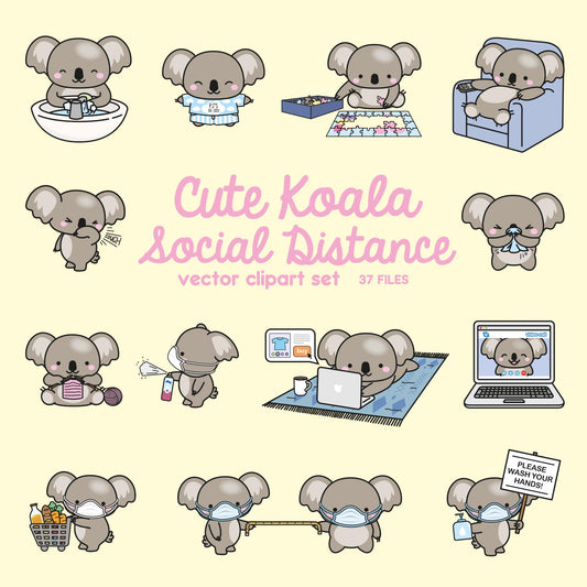 Premium Vector Clipart - Kawaii Koala - Cute Koala Social Distancing Clipart - Koalas Lockdown - Instant Download - Kawaii Clipart